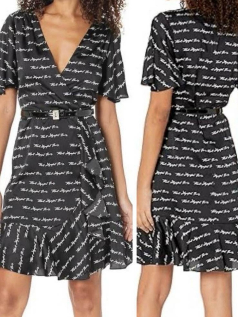 Karl Lagerfeld Black Script-Print Wrap Dress